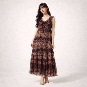 Vintage Boho Mosaic Print Tiered Midi Dress Ruffle Collar Bead Tie Front Sz 15